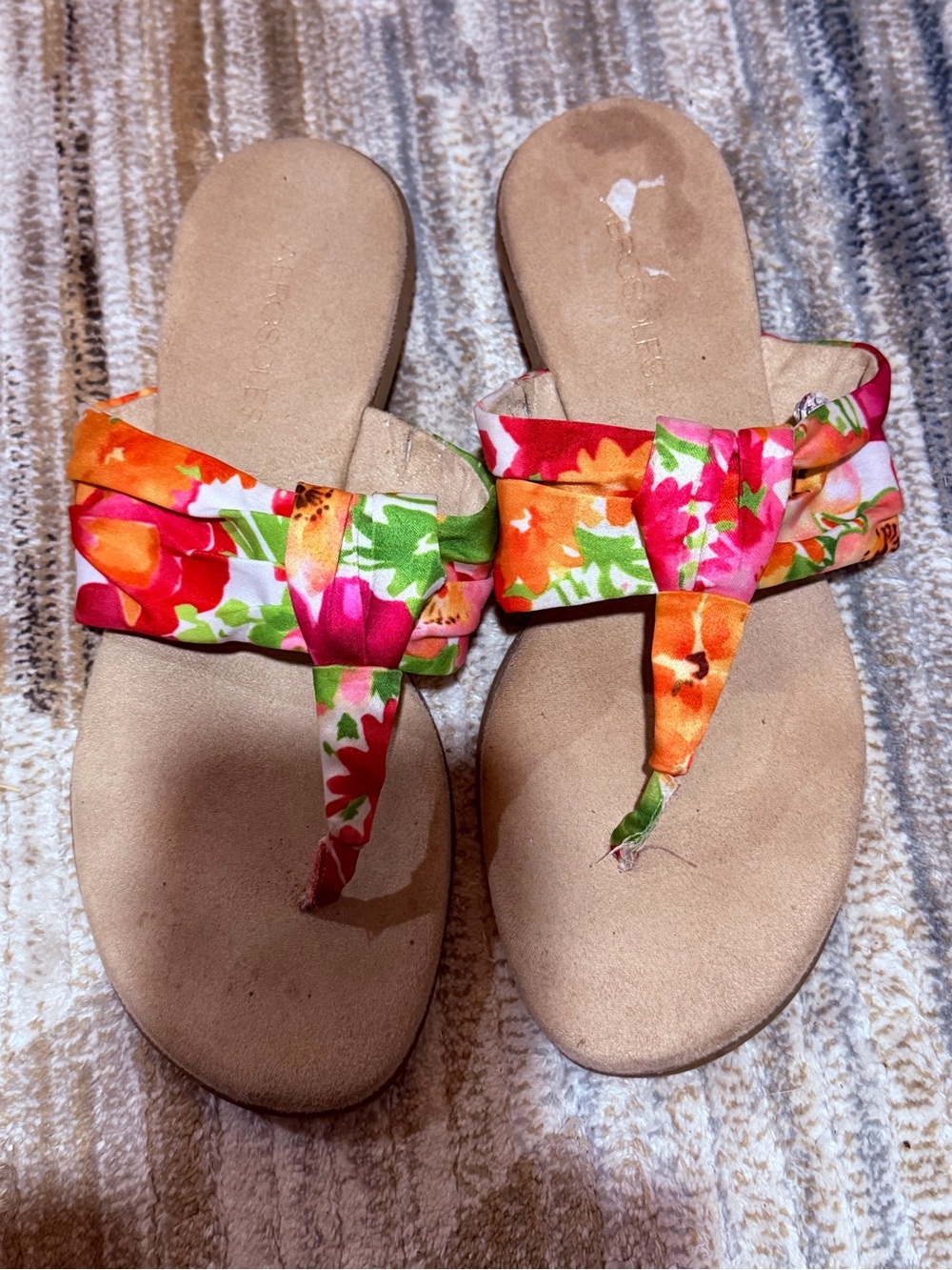 AEROSOLES Floral Fabric Toe-Post Sandals - Orange, Pink, Green
